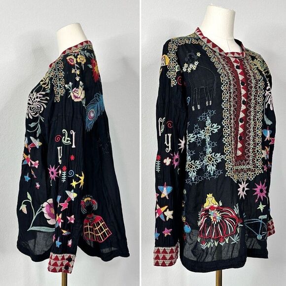 Johnny Was Biya Mishti Cotton Blouse Sz L Boho Embroidered Kitschy - Picture 3 of 16